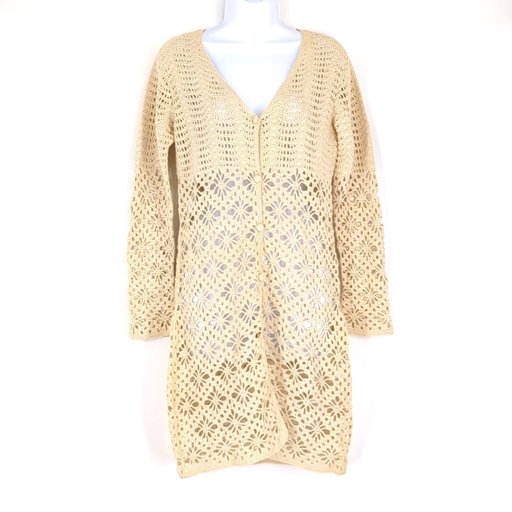Vintage 80s Open Crochet Cardigan Sweater Dress Festival Boho Hippie Medium